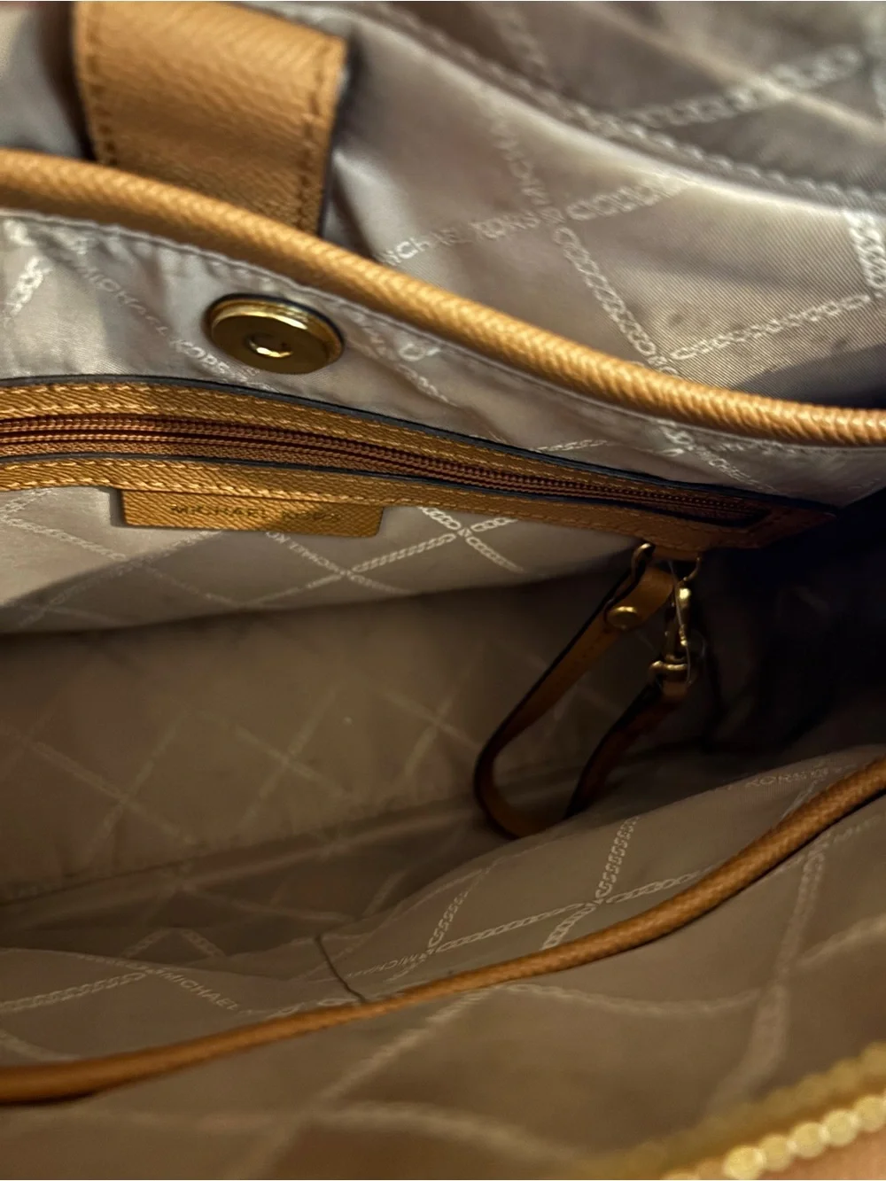 Michael Kors Cognac Saffiano Leather Tote with Logo Zip Pouch and Fur Pom - Picture 10 of 15